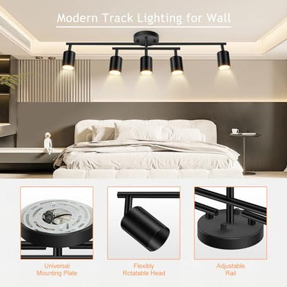 BoostArea 5 Light Track Lighting Kit, Black 5 Way Ceiling Spot Lighting, Center Swivel Track Light Heads, Flexibly Rotatable Light Head for Kitchen, Living Room, Bedroom, GU10 Bulb Not Included - color: Rotatable-5 Light-Black