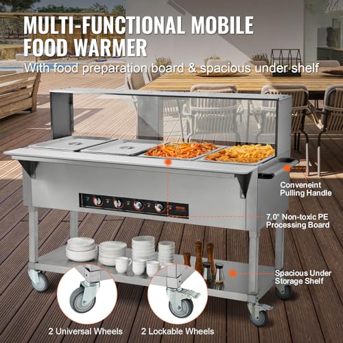 VEVOR 4-Pan Commercial Food Warmer, 4 x 20.6QT Electric Steam Table, 2000W Professional Buffet Catering Food Warmer with Acrylic Sneeze Guard, Food Grade Stainless Steel Server for Party Restaurant - size: 4-Pan (96 QT)