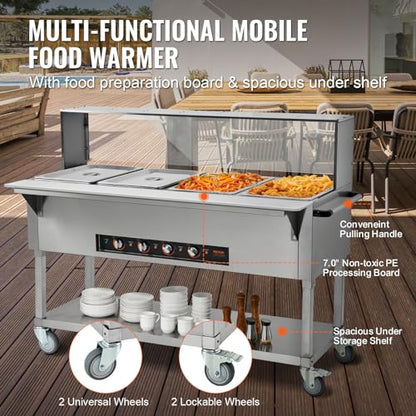 VEVOR 4-Pan Commercial Food Warmer, 4 x 20.6QT Electric Steam Table, 2000W Professional Buffet Catering Food Warmer with Acrylic Sneeze Guard, Food Grade Stainless Steel Server for Party Restaurant - size: 4-Pan (96 QT)