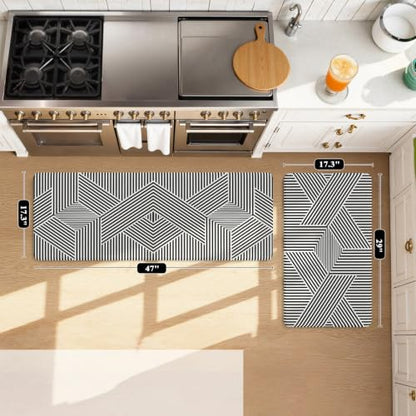 KIMODE Anti Fatigue Kitchen Mats, Padded Kitchen Floor Mats 17"x47"+17"x29" - color: Black Geometric, size: 17.3" x 47"+17.3" x 29"--0.47 inches