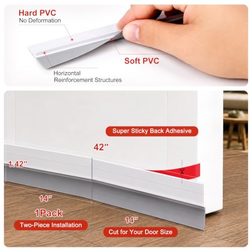 9 Pack Hard Door Draft Stopper for Bottom of Door, 126 Inch Total Adjustable Door Sweep, Self-Adhesive Weather Stripping Door Seal Gap Filler for 3 Doors, White