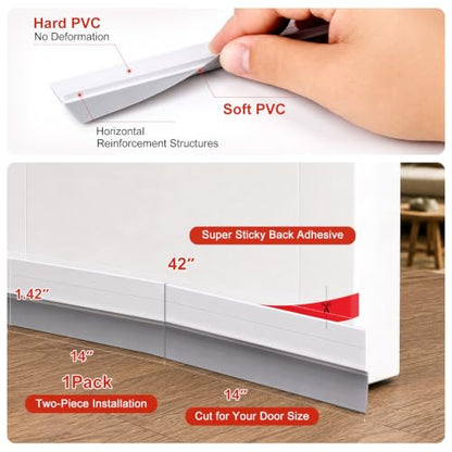 9 Pack Hard Door Draft Stopper for Bottom of Door, 126 Inch Total Adjustable Door Sweep, Self-Adhesive Weather Stripping Door Seal Gap Filler for 3 Doors, White