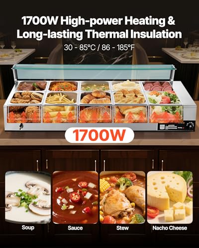 VEVOR Commercial Food Warmer, 1700W Electric Stainless Steel Steam Food Warmer with Glass Cover, 10-Pan Countertop Buffet Bain Marie with Soup & Perforated Ladles, for Catering, Restaurant & Party - size: 10x1/2Pan;120QT