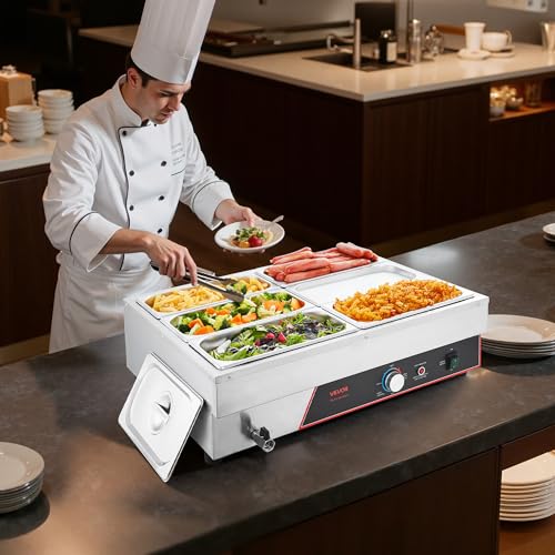 VEVOR Commercial Food Warmer, 1500W Electric Stainless Steel Steam Food Warming with Lid, 6-Pan Fast Heating Countertop Buffet Bain Marie with Power Cord, for Catering, Restaurant, Party & Buffets - size: 6*1/3Pan