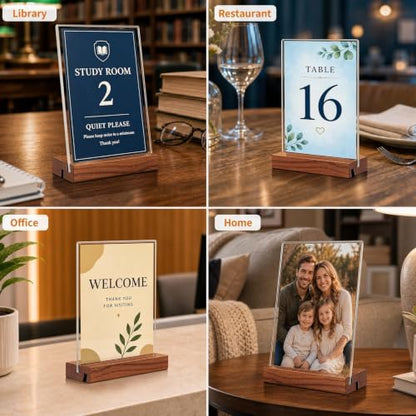 5x7 Acrylic Sign Holder with Wooden Base 4 Pack Adjustable Vertical/Tilt - color: Warm Brown, size: 5"x7"