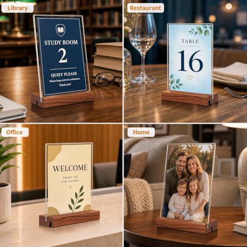 5x7 Acrylic Sign Holder with Wooden Base 4 Pack Adjustable Vertical/Tilt - color: Warm Brown, size: 5"x7"