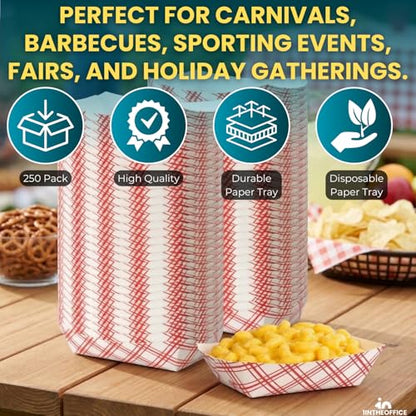 Paper Food Trays, Disposable Food Boat Tray Holders 1/4 lb Capacity, for Nachos, Fries, Hot Dogs & Tacos, Red Plaid, 250 Pack