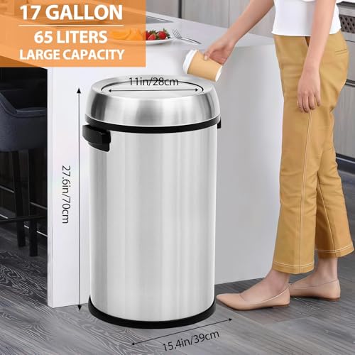 17 Gallon Fingerprint-Proof Stainless Steel Trash Can, Heavy Duty Commercial Round Garbage Bin with Swing Lid for Restaurant, Home, Office, Silver - color: Silver