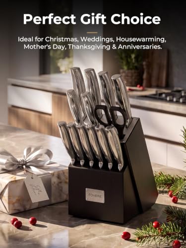 Knife Set, FOHERE 14 Pieces Kitchen Knife Set with Built-in 5 x Sharpeners, Waved Texture Knife Set with Block, Stainless Steel Knife Block Set, Sharp Knives Set with Ergonomic Handle - size: 14