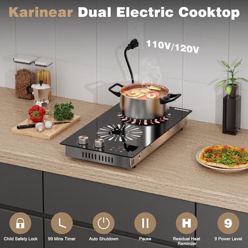 Karinear 2 Burners Electric Cooktop, 12 Inch Electric Stove 110v Plug in - color: BlackSliver 12 inch