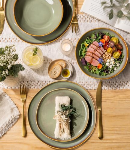 TheTerra Ceramic Dinnerware Set for 4, 12-Piece Plates and Bowls Set - color: Sage Umber