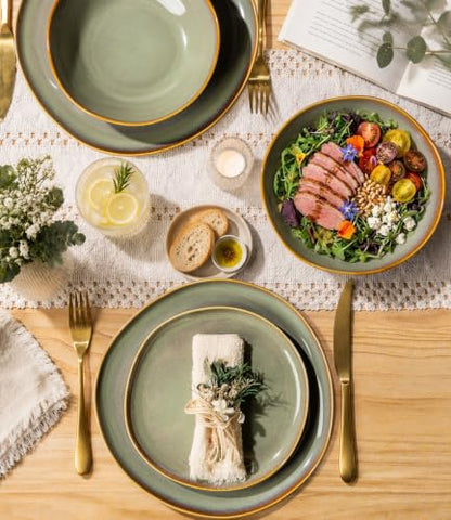 TheTerra Ceramic Dinnerware Set for 4, 12-Piece Plates and Bowls Set - color: Sage Umber