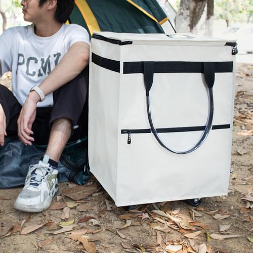Medium Beige Reusable Grocery Bag on Wheels, Folding Rolling Tote - color: Beige, size: Medium