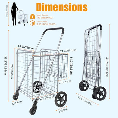 Whitmor Utility Folding Shopping Cart, 115L Heavy Duty Grocery Cart with Double Basket, 360° Swivel Wheels, Foldable Rolling Utility Trolley, 110 Lbs Capacity for Grocery, Laundry, Travel, Sliver - size: 21.29"L x 21.65"W x 36.2"H, Sliver