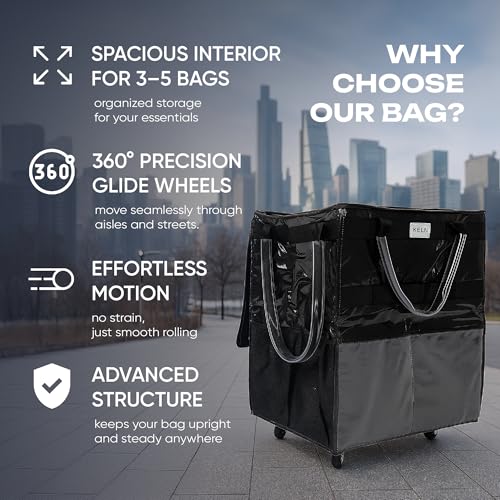 KELN Rolling Tote Bag on Wheels – 76 lb Foldable Shopping Cart – Black - color: Black