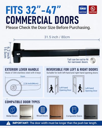31.5" Panic Exit Device with Keyed Lever, 304 Stainless Steel, Black - color: Black