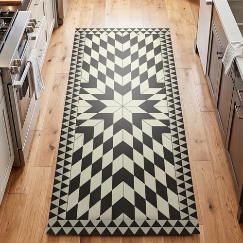 Carolina Creekhouse Vinyl Floor Mat 2.5'x8' - Black Geometric Pattern - Waterproof Non-Slip Kitchen Rug - Hard Floor Safe - Eco-Friendly Flat Weave - 2.5'x8' - color: Black, size: 2'6" x 8' (Rectangular)