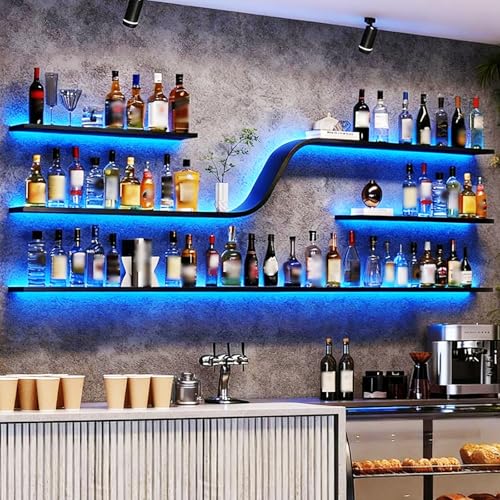 55in Wall Mounted Wine Rack with Blue LED Lights (Black,140cm) - color: Black, size: 55in