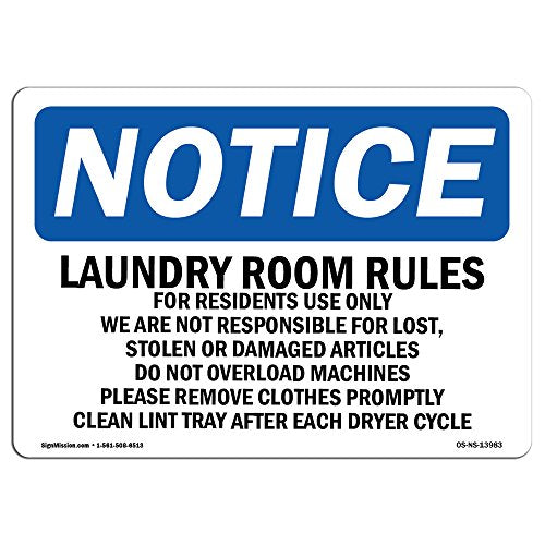 OSHA Notice Sign - Laundry Room Rules for Residents Use Only | Vinyl Label Decal | Protect Your Business, Construction Site | Made in The USA - size: 5" X 3.5" Decal