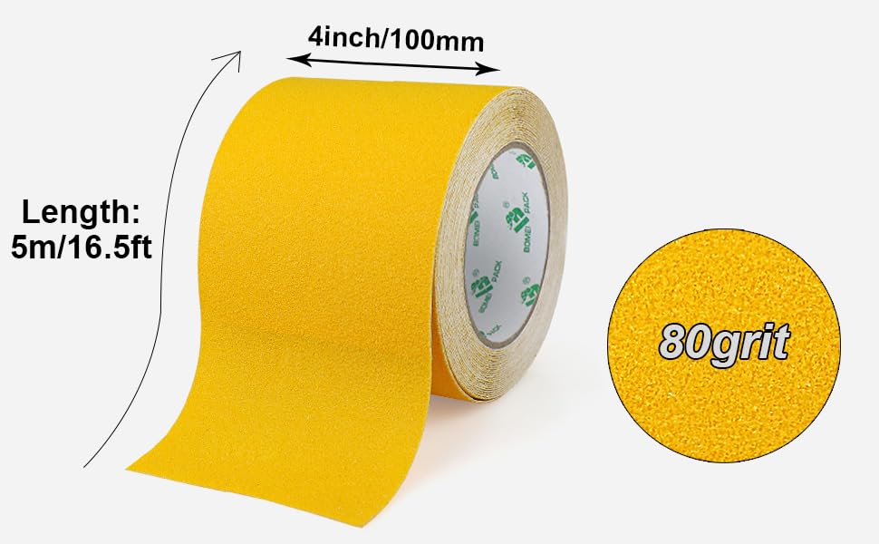 BOMEI PACK Yellow 4 Inch Anti Slip Traction Tape, 16 Foot x 4" Wide Heavy Duty Best Grip, Friction, Abrasive Adhesive for Stairs, Tread Step, Indoor, Outdoor - color: Yellow