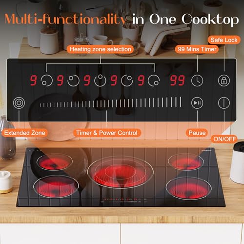 36 Inch Electric Cooktop, 5 Burner Electric Cooktop Bulit in, 9200W, 9 Power Levels, Electrics Stove with Timer, Safety Lock, Pause, 220V-240V Hard Wire - size: 36 Inch 5 burner D59254