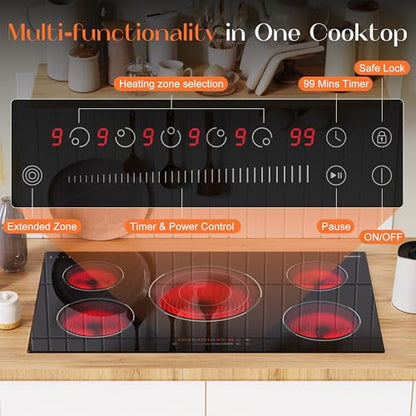 36 Inch Electric Cooktop, 5 Burner Electric Cooktop Bulit in, 9200W, 9 Power Levels, Electrics Stove with Timer, Safety Lock, Pause, 220V-240V Hard Wire - size: 36 Inch 5 burner D59254