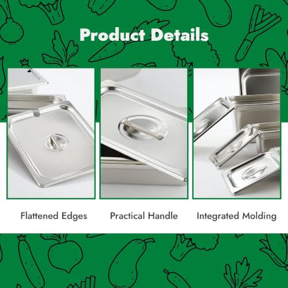 HECMAC 6-Pack Full Size Hotel Pan Cover, Stainless Steel Solid Steam Table Catering Food Pan Lid with Handle, 23 Gauge - size: Full Size, Plain Lid