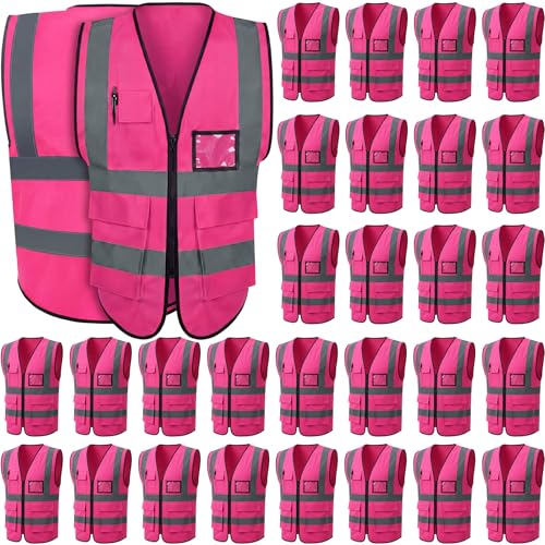 Leumoi 30 Pack Reflective Safety Vest with Pockets - color: Pink, size: Large
