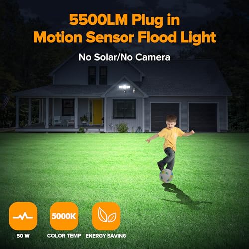 LUTEC 50W Motion Sensor Outdoor Lights, 5500 LM Plug in Flood Light Outdoor, Dusk to Dawn, IP65 Waterproof Security Lighting, 5000K Daylight, Adjustable Wall-Mounted for Garage, Yard, Porch (Black) - color: Black with plug, size: 1 Pack