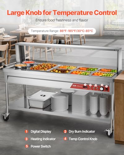 VEVOR Commercial Electric Food Warmer, 7 Pans + 2 Pots Steam Table, 1800W Professional Buffet Catering Food Warmer with Shield Undershelf Wheels, Stainless Steel Server for Party Restaurant - size: 7 Pans + 2 Pots
