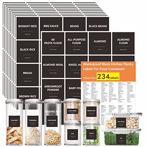 Hebayy 234 Minimalist Kitchen Food Labels, 216 Preprinted Flour Pasta Peas Condiment Oil Stickers, 18 Blank Ones, Waterproof Oil&Tear Resistant, No Residue for Pantry Food Containers Jars. - style: Style 2