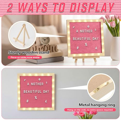 10 x 10 Inches Felt Letter Board & LED Light, Pink, Natural Wood - color: Pink, size: 10 x 10 Inches, style: Natural Wood
