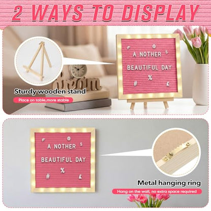 10 x 10 Inches Felt Letter Board & LED Light, Pink, Natural Wood - color: Pink, size: 10 x 10 Inches, style: Natural Wood
