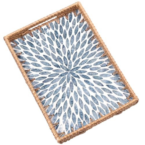 Rectangle Rattan Tray with Mother of Pearl Inlay, Rattan Serving Tray with Handle for Coffee, Bread, Fruits, Snacks, Decorative Wicker Tray for Table Decor (Rectangle Light Blue Leaf, 13"×9") - color: Light Blue Leaf