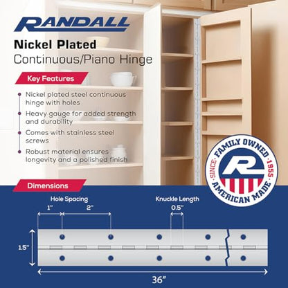 Randall Manufacturing Co., Inc. 1 1/2" Continuous Hinge, 3 FT, Nickel Plated, Modern, Nickel, Gray - size: 3 Feet, style: Nickel Plated