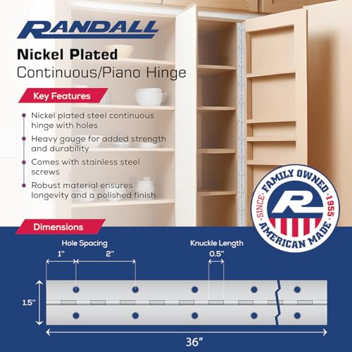 Randall Manufacturing Co., Inc. 1 1/2" Continuous Hinge, 3 FT, Nickel Plated, Modern, Nickel, Gray - size: 3 Feet, style: Nickel Plated