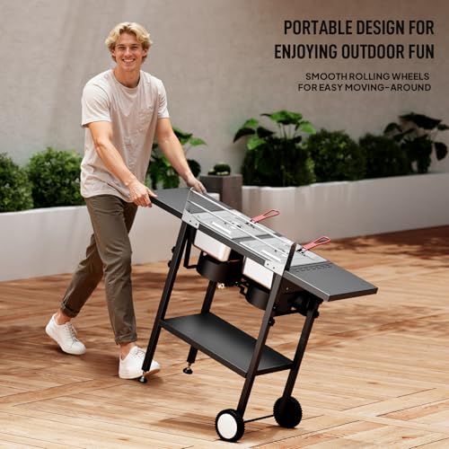 ROVSUN Outdoor Deep Fryer with 8QT & 8QT Stainless Steel Tank & Basket, Portable Propane Gas Fryer with Rolling Cart, Storage Shelves, Lids & Thermometer for Outdoor Backyard Cooking Frying