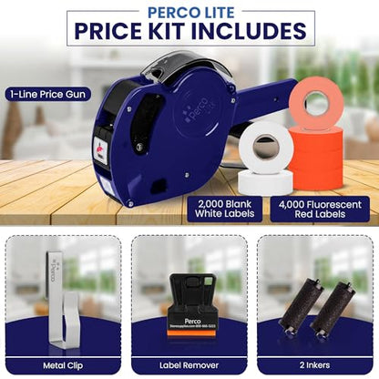 Perco Price Gun 1-Line Kit with 2 White, 4 Red Rolls, Clip & Ink Rollers - color: Fluorescent Red