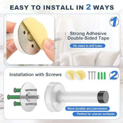 4 Pack Door Stops, 304 Stainless Steel Door Stoppers, Easy Installation with Strong Adhesive Tapes, No Drilling Door Stops for Bottom and Top of Door, White - color: White, size: 4 Pack