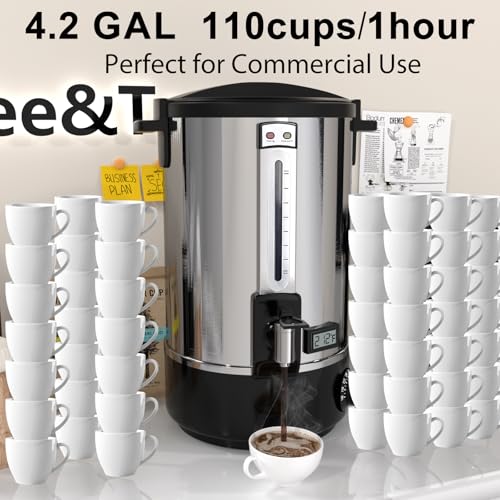 Commercial Coffee Urn，110 Cups/16.5L Stainless Steel Large Coffee Dispenser，Double Wall Electric Coffee Urn，Electric Coffee Maker Urn，Commercial Grade Percolate Coffee Maker Hot Water Urn for Catering