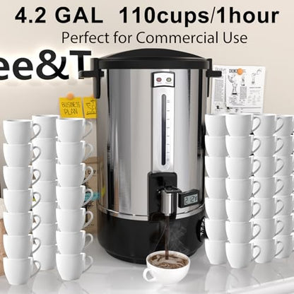 Commercial Coffee Urn，110 Cups/16.5L Stainless Steel Large Coffee Dispenser，Double Wall Electric Coffee Urn，Electric Coffee Maker Urn，Commercial Grade Percolate Coffee Maker Hot Water Urn for Catering