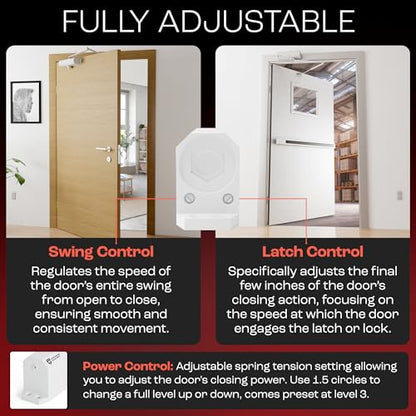 PrimeWare DC-600 Adjustable Automatic Door Closers for Home | Soft Close, No Slam | Residential and Commercial Door Closer | Level 1-6 | for Doors Weighing 30-300 lbs | Hydraulic Door Spring - White - size: Level 1-6, style: White