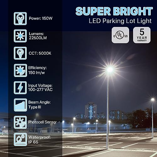 HYPERLITE LED Parking Lot Lights 150W UL Certified IP65 LED Pole Light with Dusk to Dawn Photocell - 5000K 25,500lm Equivalent to 600W HPS/HID- Adjustable Slip Fitter Mounting