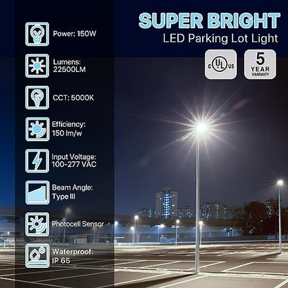 HYPERLITE LED Parking Lot Lights 150W UL Certified IP65 LED Pole Light with Dusk to Dawn Photocell - 5000K 25,500lm Equivalent to 600W HPS/HID- Adjustable Slip Fitter Mounting