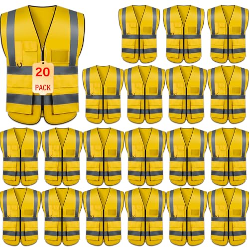 Safety Vests 20 Pack,Hi Vis Construction Vest with 5 Pockets and Zipper,Reflective Vest for Men Women Work One Size - color: Deep Yellow