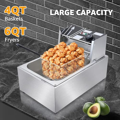 Commercial Deep Fryer with Baskets, 2500W Thickened Stainless Steel Electric Oil Fryer, Large Capacity with Temperature Control (6L) - size: 6L