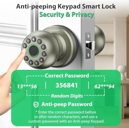 Smart Door Knob Fingerprint Door Lock 4-in-1 Keyless Entry (Fingerprint/App/Code/Key) with Auto-Lock Easy Install for Home/Bedroom/Office-Silver - color: Silver