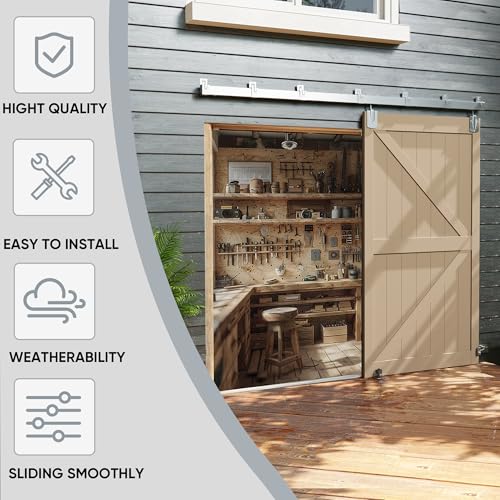 JUBEST 9FT Box Rail Exterior Barn Door Hardware Kit, Heavy-Duty Silver Sliding Barn Door Track System, Wall Mount Door Hardware Kits (Door Not Included) - size: 9 Feet