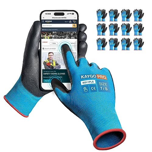 KAYGO Safety Work Gloves, PU Coated, 2-Finger Touchscreen, KG11P - color: Blue (Touch Screen), size: Small