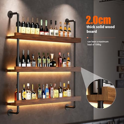 Large Wine Rack Wall Mounted with LED Light, Solid Wood Bar Shelves Wall Mounted, 3-Tiers Liquor Bottles Floating Shelves Display Storage Organizer for Home Bar, Dining Room(31.4 inch) - size: 31.4 inch